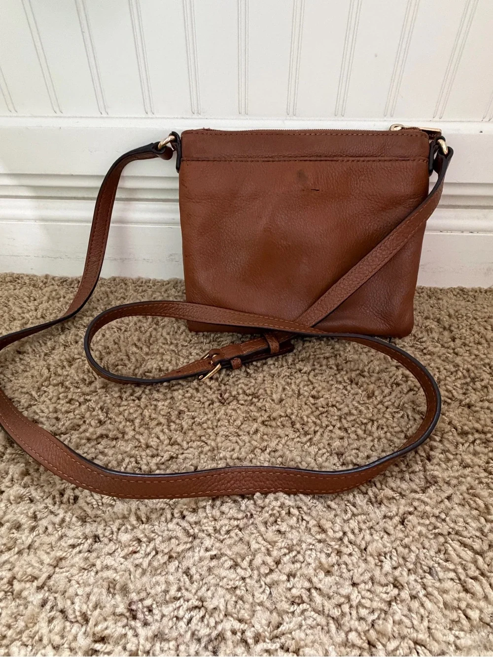 Michael Kors Chestnut Brown Leather Crossbody with Gold MK Emblem